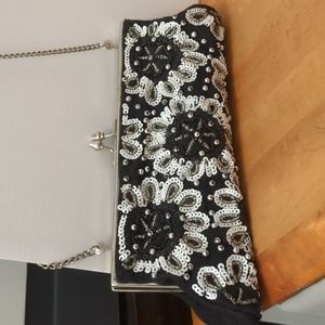 Beaded Black and White clutch with chain strap